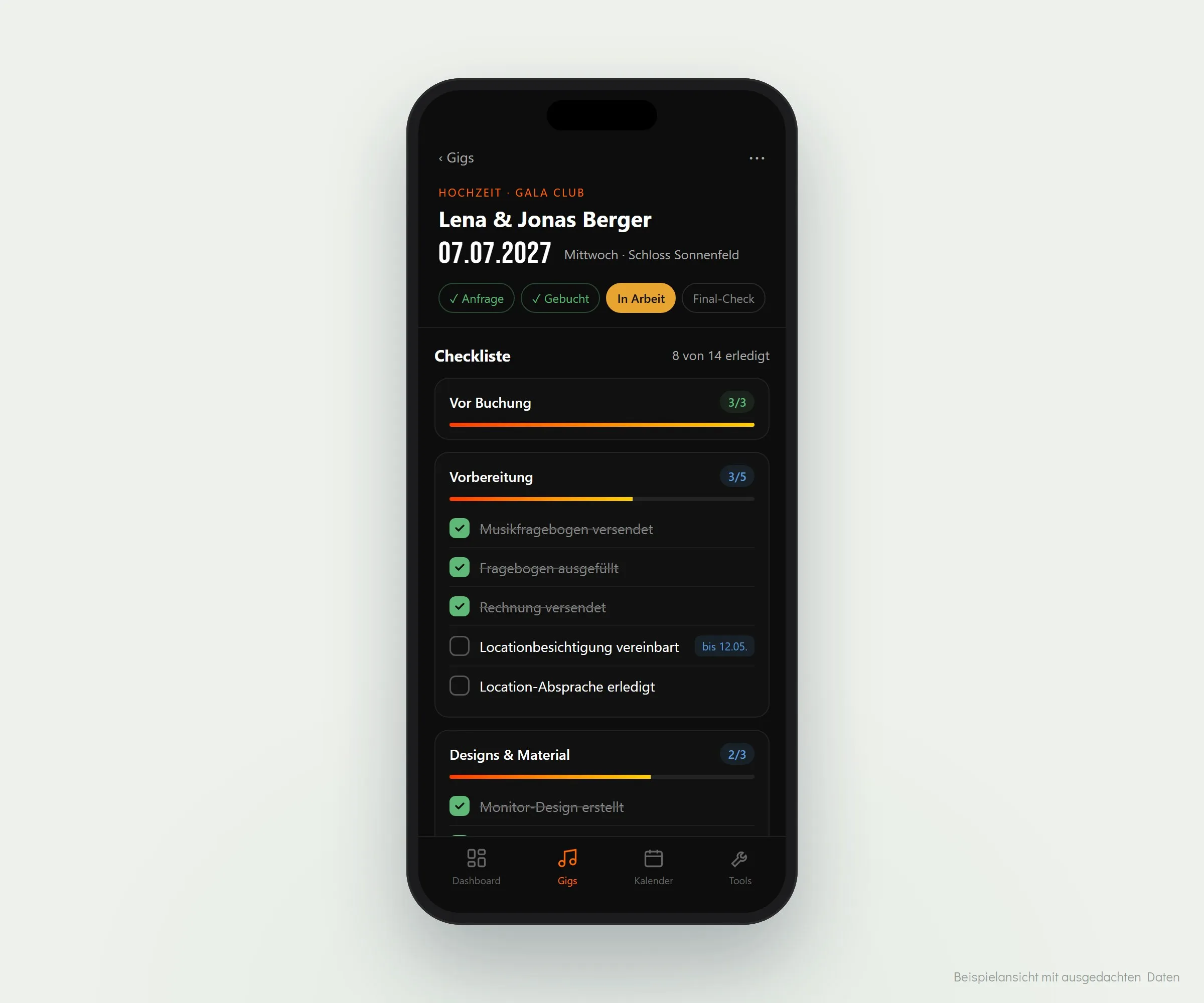 Checkliste eines Hochzeits-Gigs in der App mit erledigten und offenen Aufgaben (Beispiel mit ausgedachten Daten)