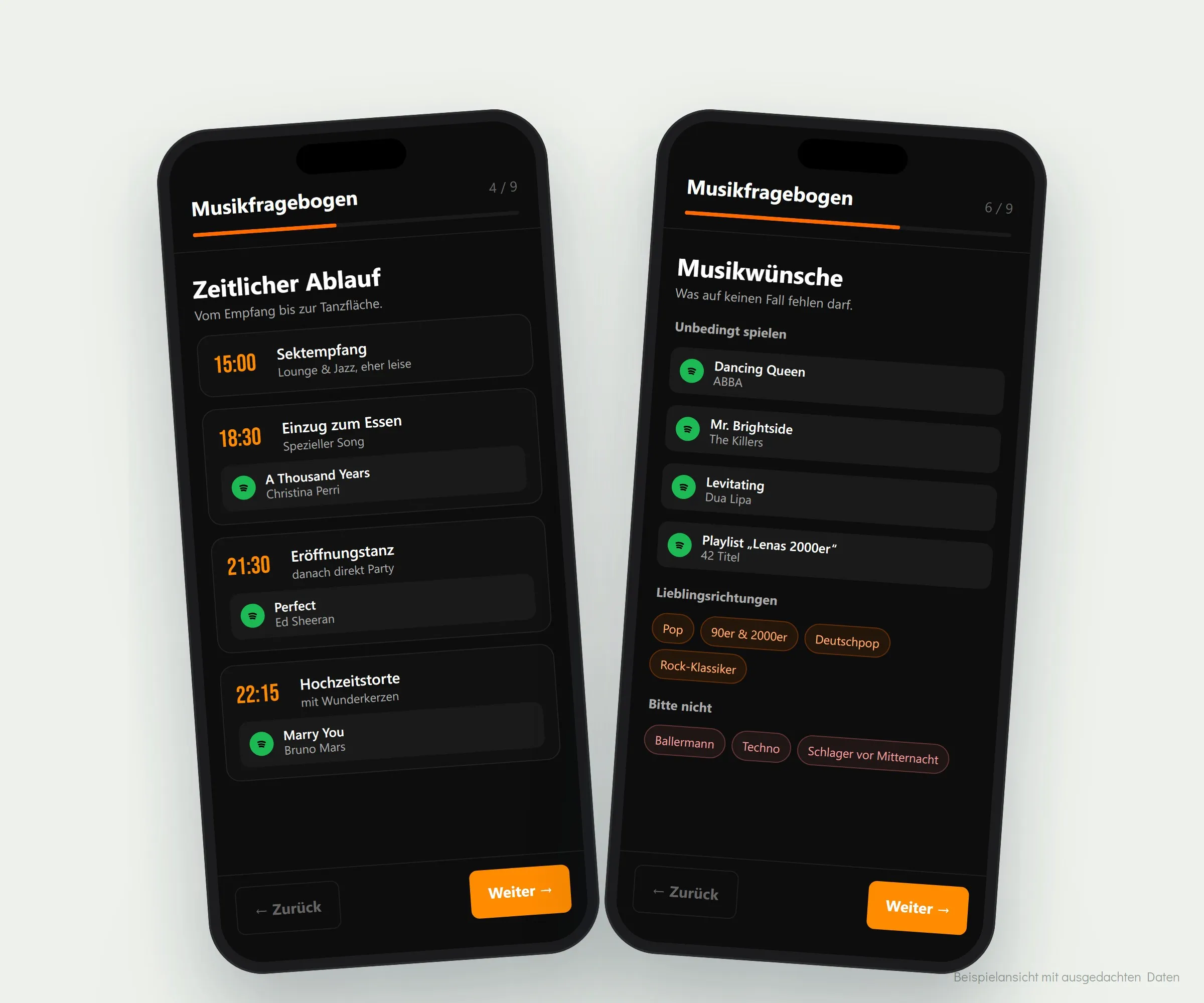 Online-Fragebogen auf dem Handy: zeitlicher Ablauf mit Spotify-Songs und Musikwünsche (Beispiel mit ausgedachten Daten)